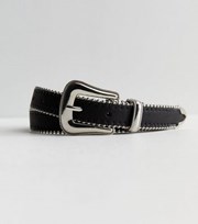 New Look Black Leather-Look Silver Buckle Western Belt